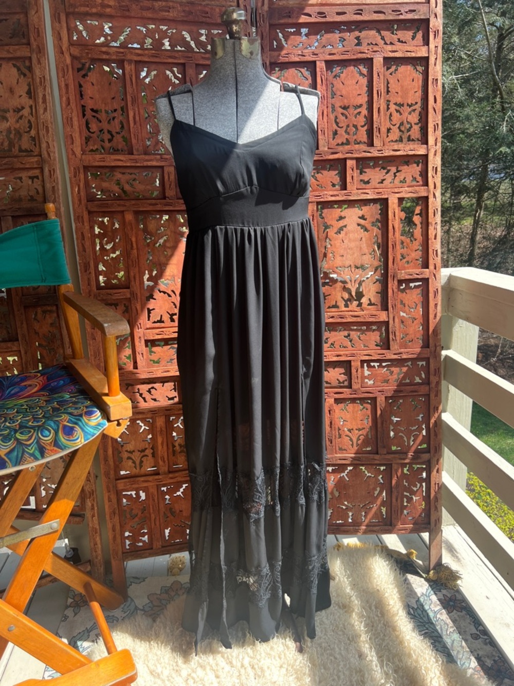 bebe Black Lace-Trim Maxi Dress with Spaghetti Straps